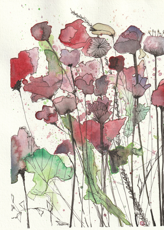 "letting go" Loose flowers in watercolor and ink